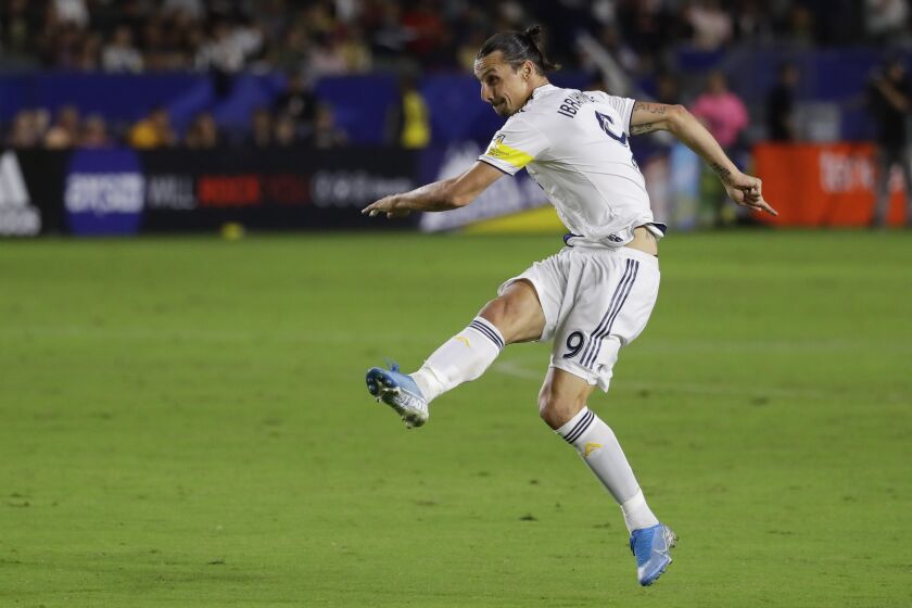 LA Galaxy forward Zlatan Ibrahimovic plays against the Montreal Impact during the second half of an MLS soccer match in Carson, Calif., Saturday, Sept. 21, 2019. (AP Photo/Chris Carlson)