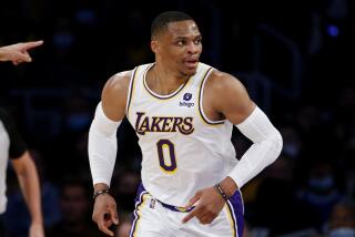 Los Angeles Lakers guard Russell Westbrook (0) runs down the court against the Orlando Magic.