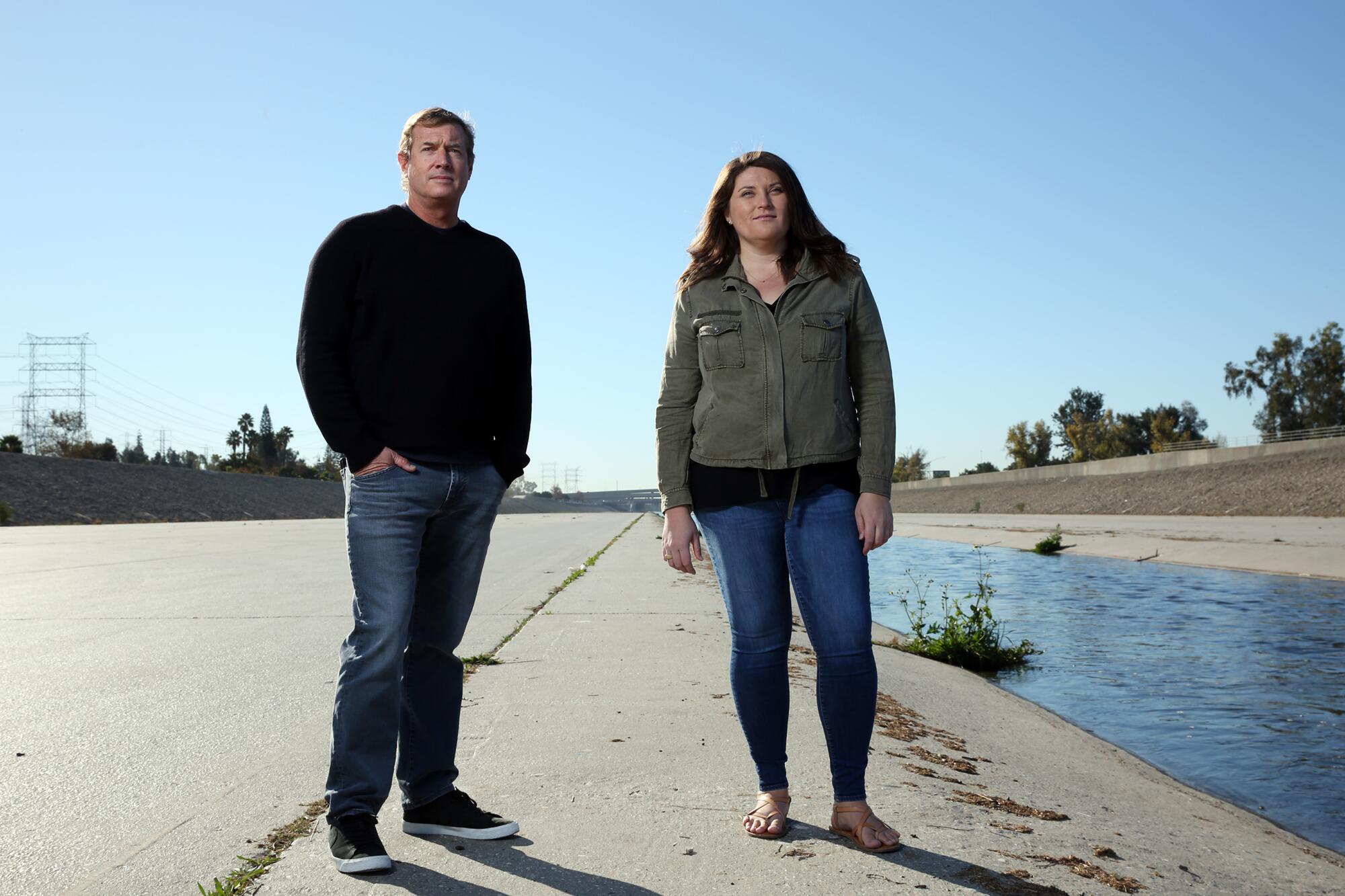 Hydrologist Mark Hanna and landscape architect Jessica Henson at the L.A. River's confluence with the Rio Hondo in South Gate