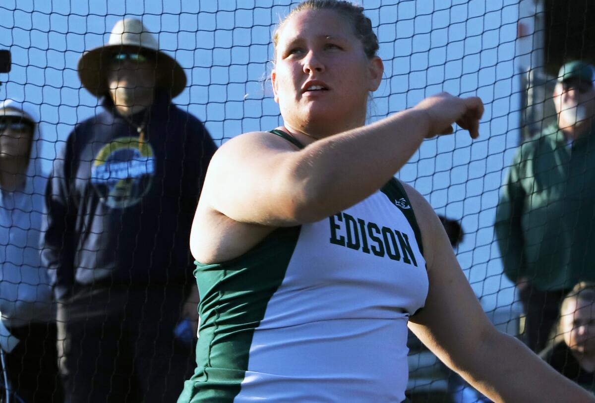 Edison's Alexa Sheldon competes in the discus throw during the Track and Field Arcadia Invitational.