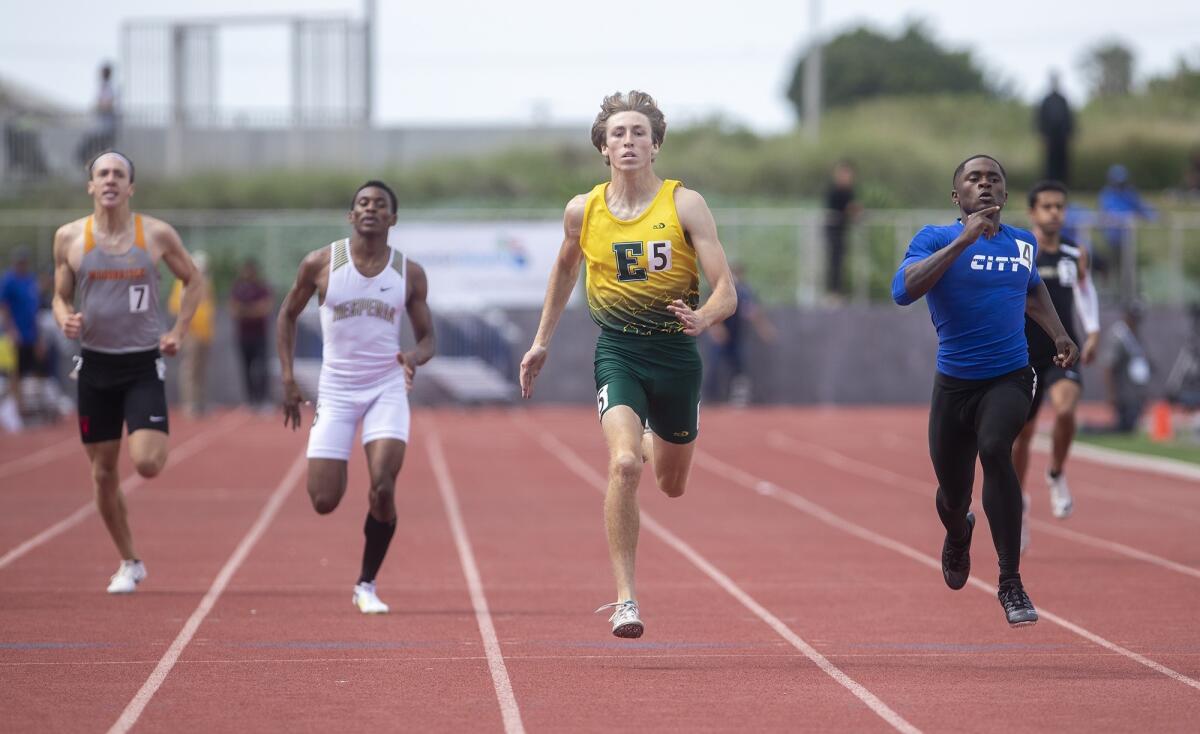 Edison's Ryan Rivituso (5) places second in the boys' 400-meter event in the CIF Southern Section Division 2 finals at El Camino College on May 11.