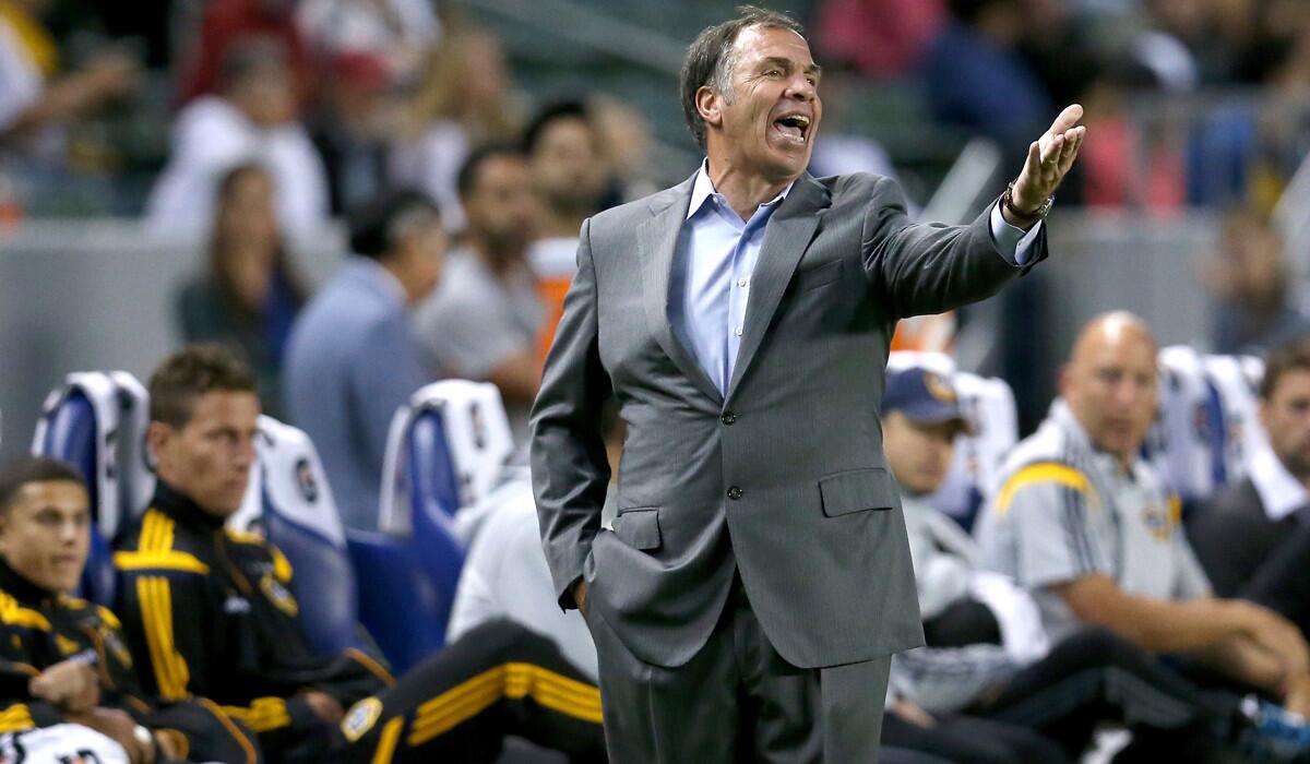 Galaxy Coach Bruce Arena shouts instructions to his players during a 2-1 victory over FC Dallas earlier this season at StubHub Center.