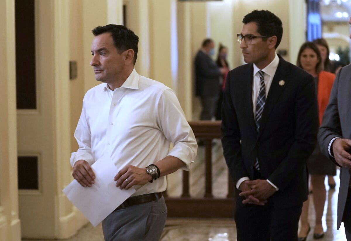 Assembly Speaker Anthony Rendon, left, and Assemblyman Robert Rivas in the state Capitol in May.
