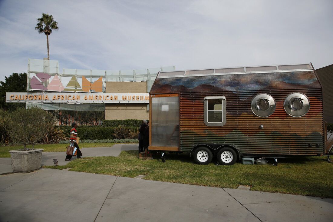 Nomad parked on the lawn of the California African American Museum. The mobile tiny house will be on view at the museum through Saturday.