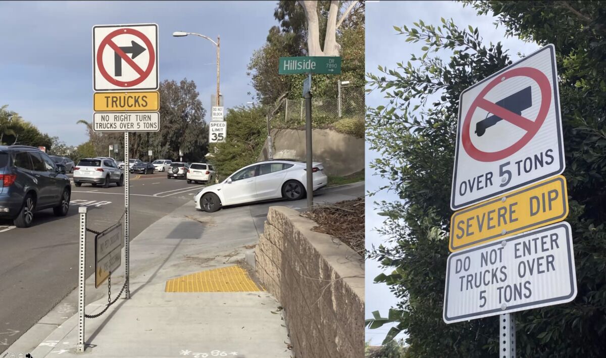 Signs along Torrey Pines Road try to keep large trucks from entering Hillside Drive.