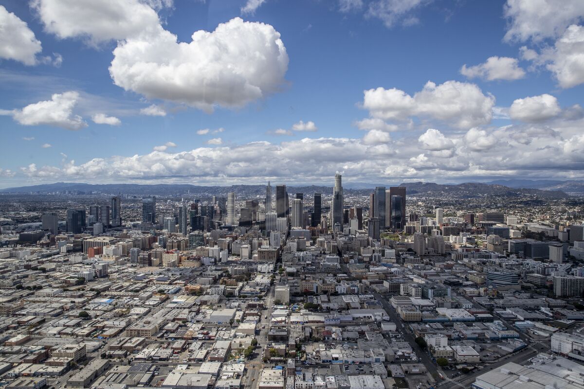 An aerial view of Los Angeles in March 2020.