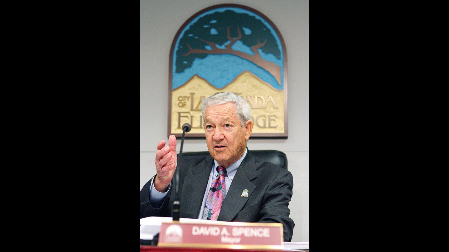 Outgoing Mayor Dave Spence says final words as mayor at La Cañada City Hall on Tuesday, April 5, 2016. Mayor Dave Spence, who has been in the position for 6 different terms, a record in the city, has been replaced by Jonathan Curtis.