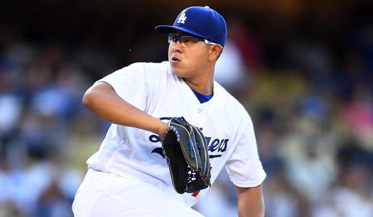 Dodgers pitcher Julio Urias makes a pitch against the Washington Nationals in the first inning on June 22 at Dodger Stadium.