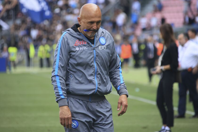 Napoli coach Luciano Spalletti walks off the pitch after the Serie A soccer match between Bologna and Napoli at the Bologna Renato Dall'Ara stadium, Italy, Sunday, May 28, 2023. (Michele Nucci/LaPresse via AP)