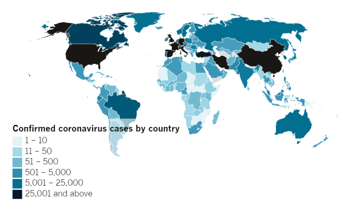 Confirmed COVID-19 cases by country as of 5:30 p.m. PDT Monday, April 6. Click to see the map from Johns Hopkins CSSE.