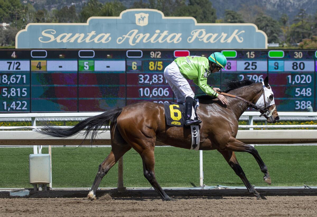 Jockey Aaron Gryder rides Discrete Stevie B to victory at Santa Anita.