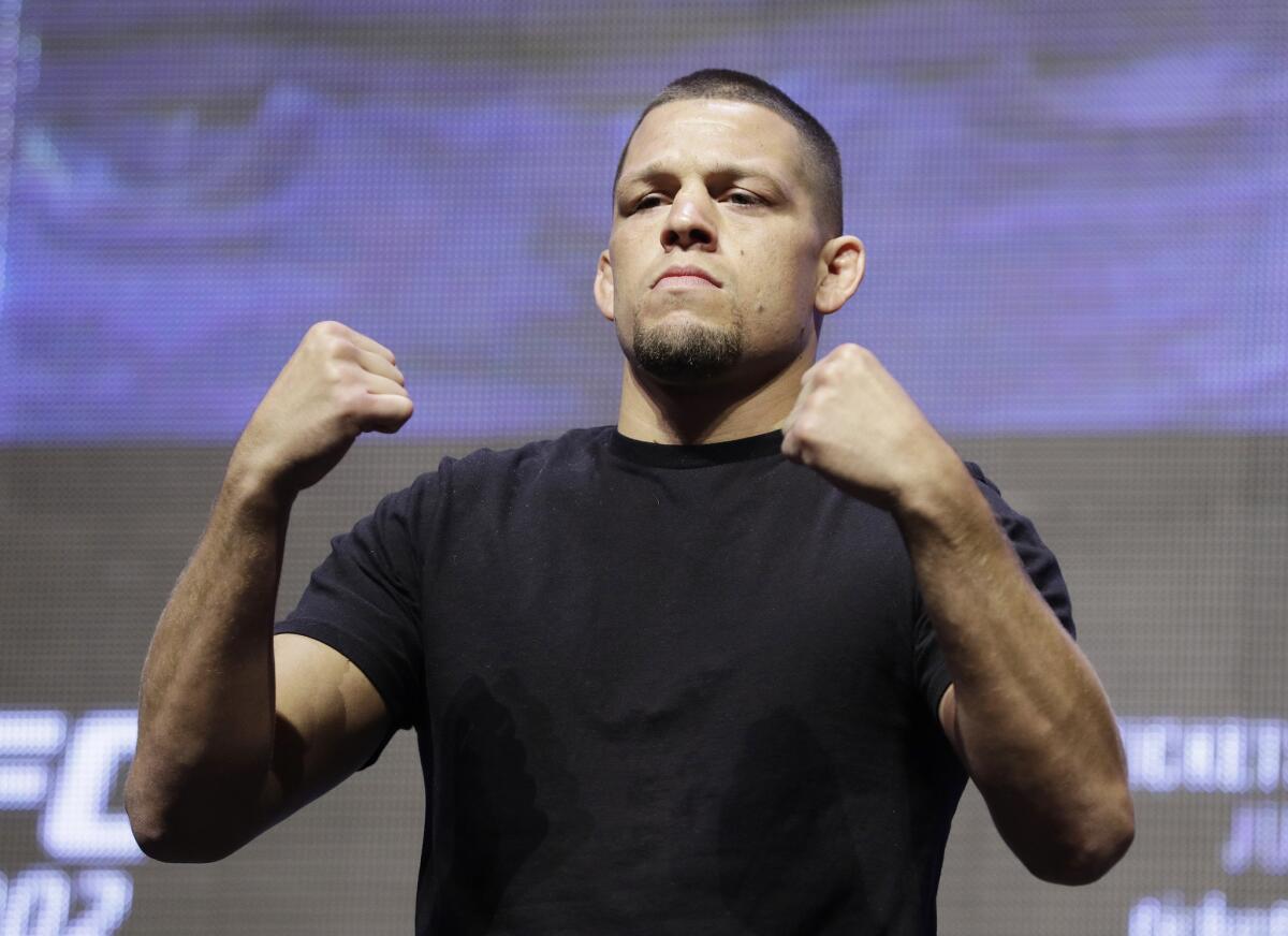 Nate Diaz poses during a UFC 202 news conference on July 7.