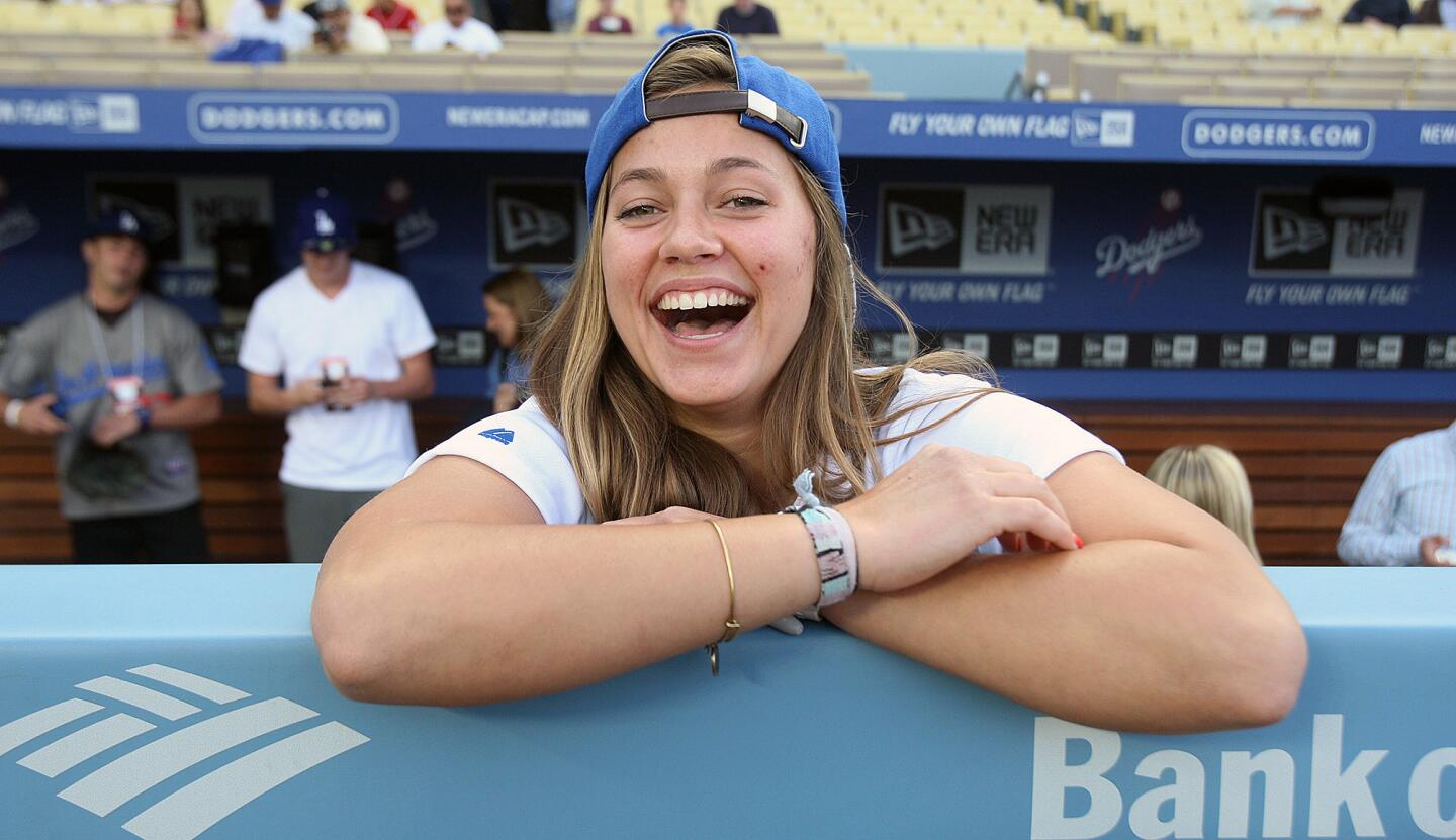 Photo Gallery: Olympian Kate Hansen throws out first pitch of Dodger game