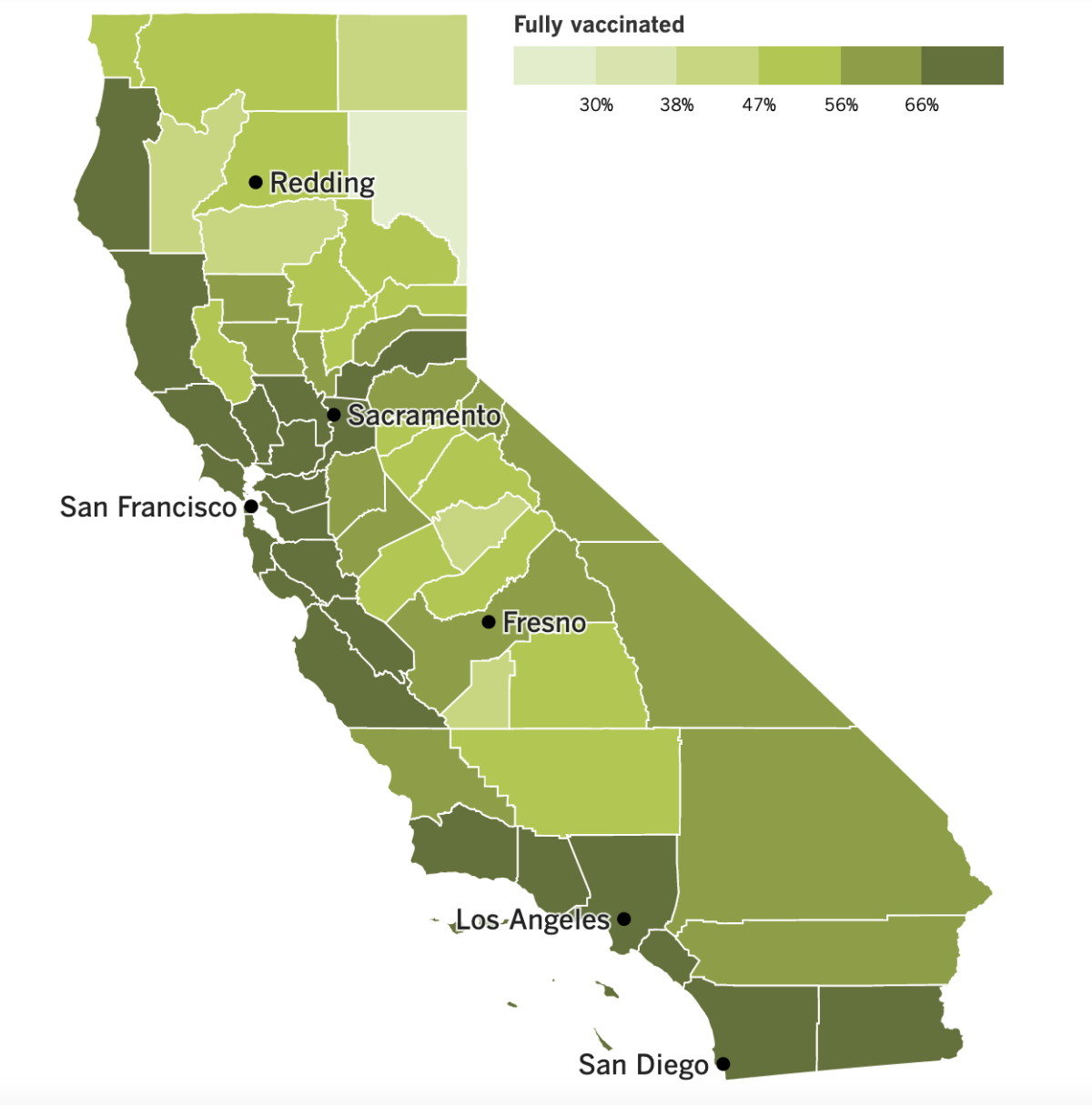 A map of California's vaccination progress by county as of June 14, 2022.