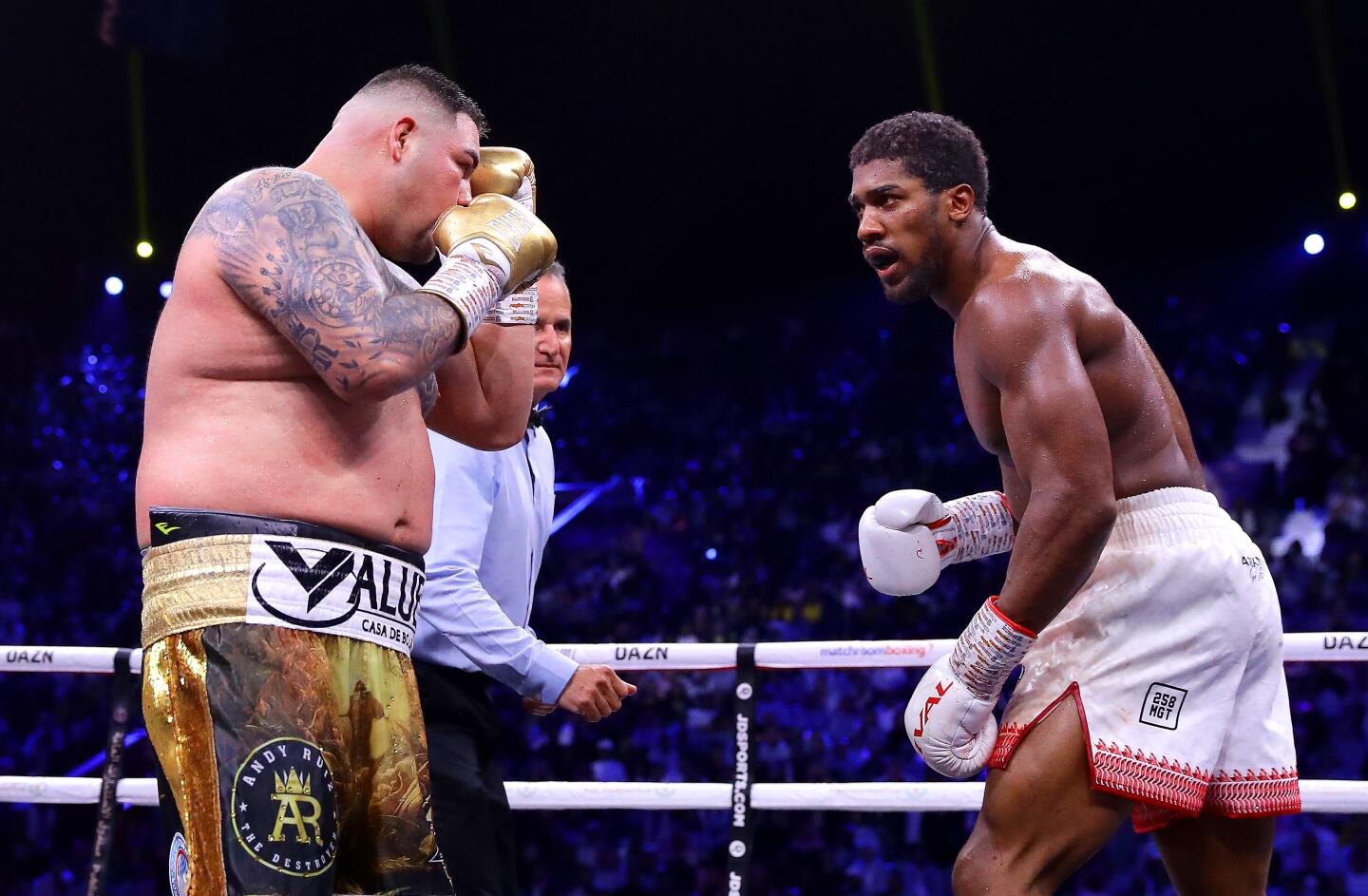 Anthony Joshua taunts Andy Ruiz Jr. during a heavyweight title fight on Dec. 7 in Diriyah, Saudi Arabia.