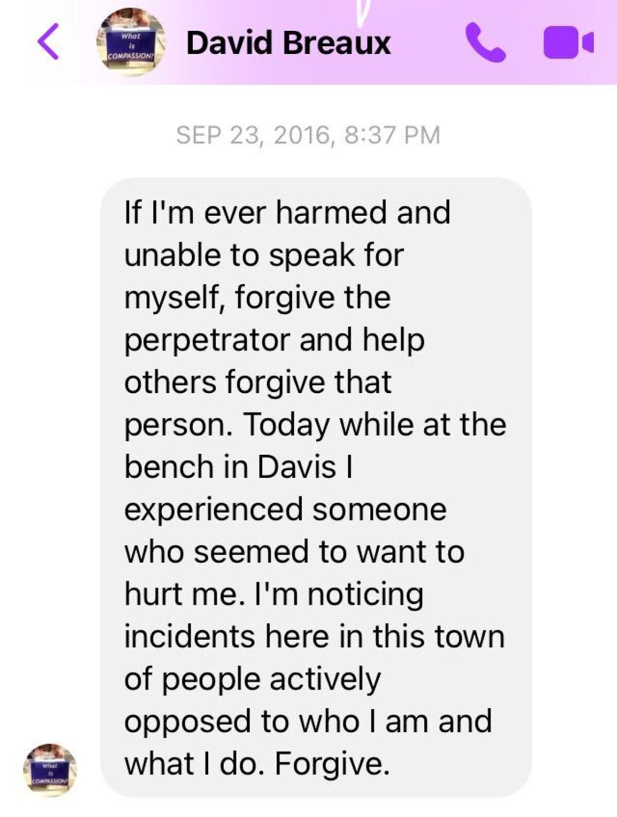 A text from David Breaux to his sister years before his fatal stabbing.