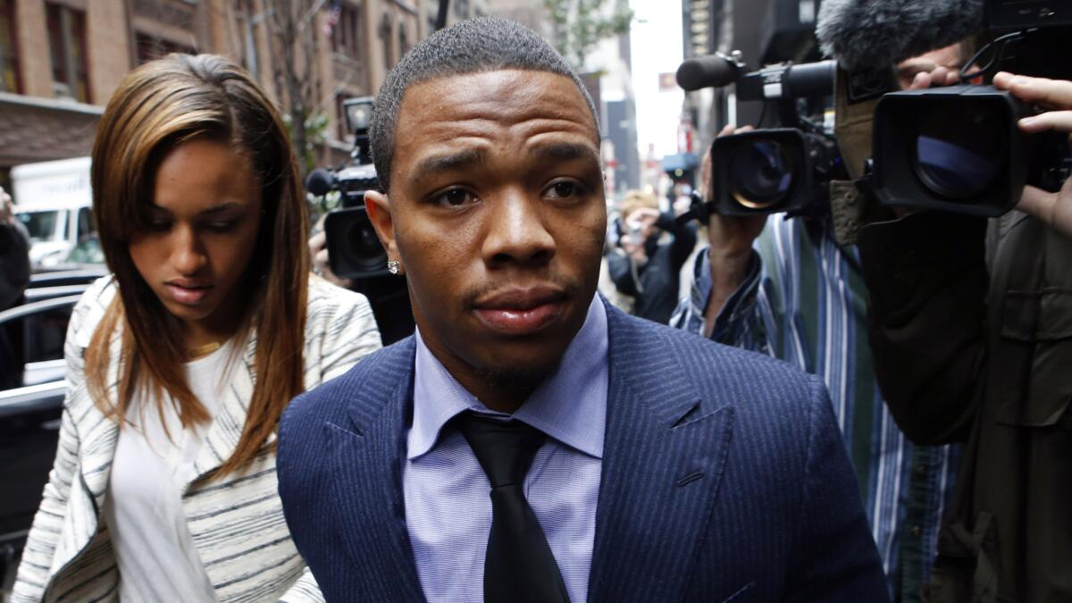 Former Baltimore Ravens running back Ray Rice arrives with wife Janay Palmer for an appeal hearing of his suspension in New York on Nov. 5.