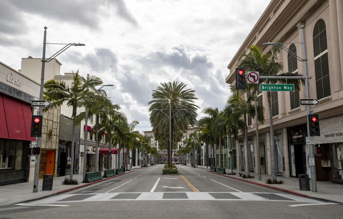 High-end shops on an empty Rodeo Drive in Beverly Hills