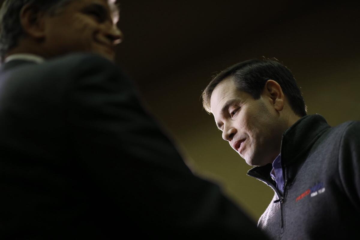 Sen. Marco Rubio (R-Fla.) prepares for a town hall meeting in West Des Moines, Iowa, on Jan. 26, when he was running for president.