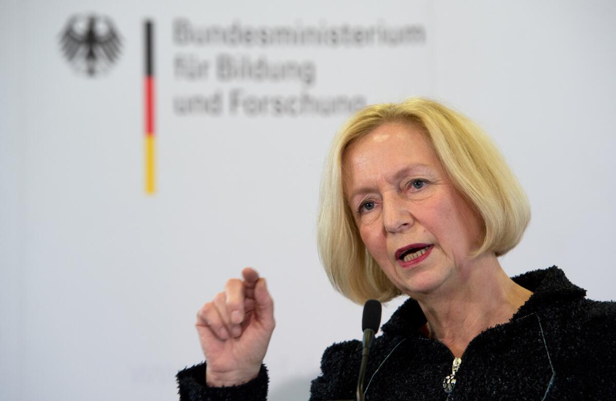 New German Education Minister Johanna Wanka speaks during a news conference at the Education Ministry in Berlin.