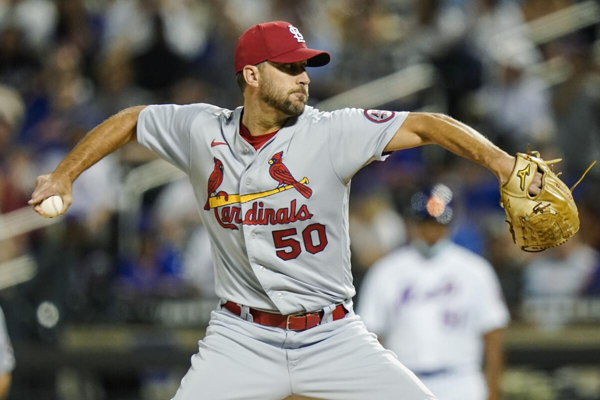 St. Louis Cardinals' Adam Wainwright pitches against the New York Mets.