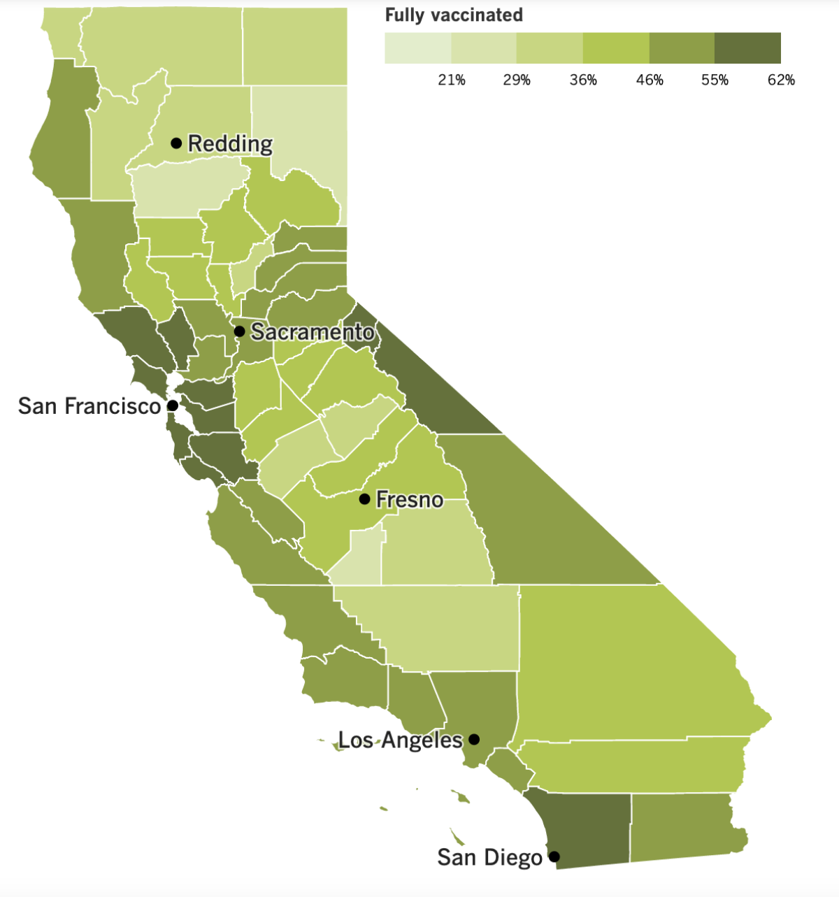 A map of California showing vaccinate rate by county.