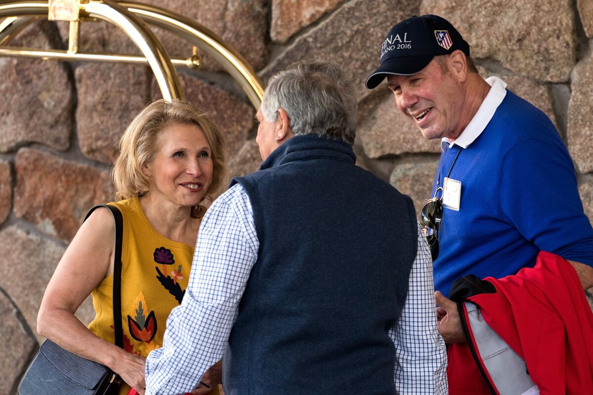 Shari Redstone, Viacom and CBS vice chair, with CBS Chairman and CEO Leslie Moonves, center, and former Walt Disney Chief Executive Michael Eisner at the Allen & Co. conference in Idaho in July.