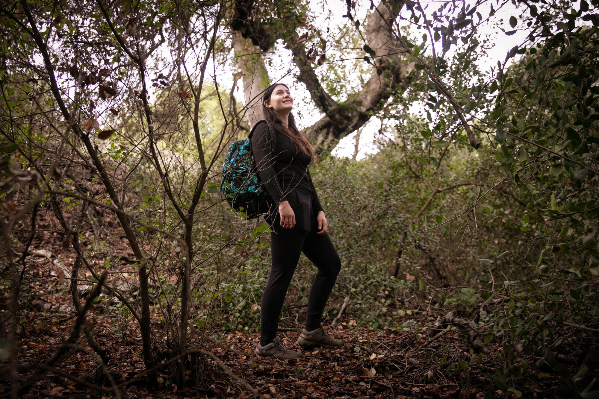 A woman wearing a backpack stands amid trees.