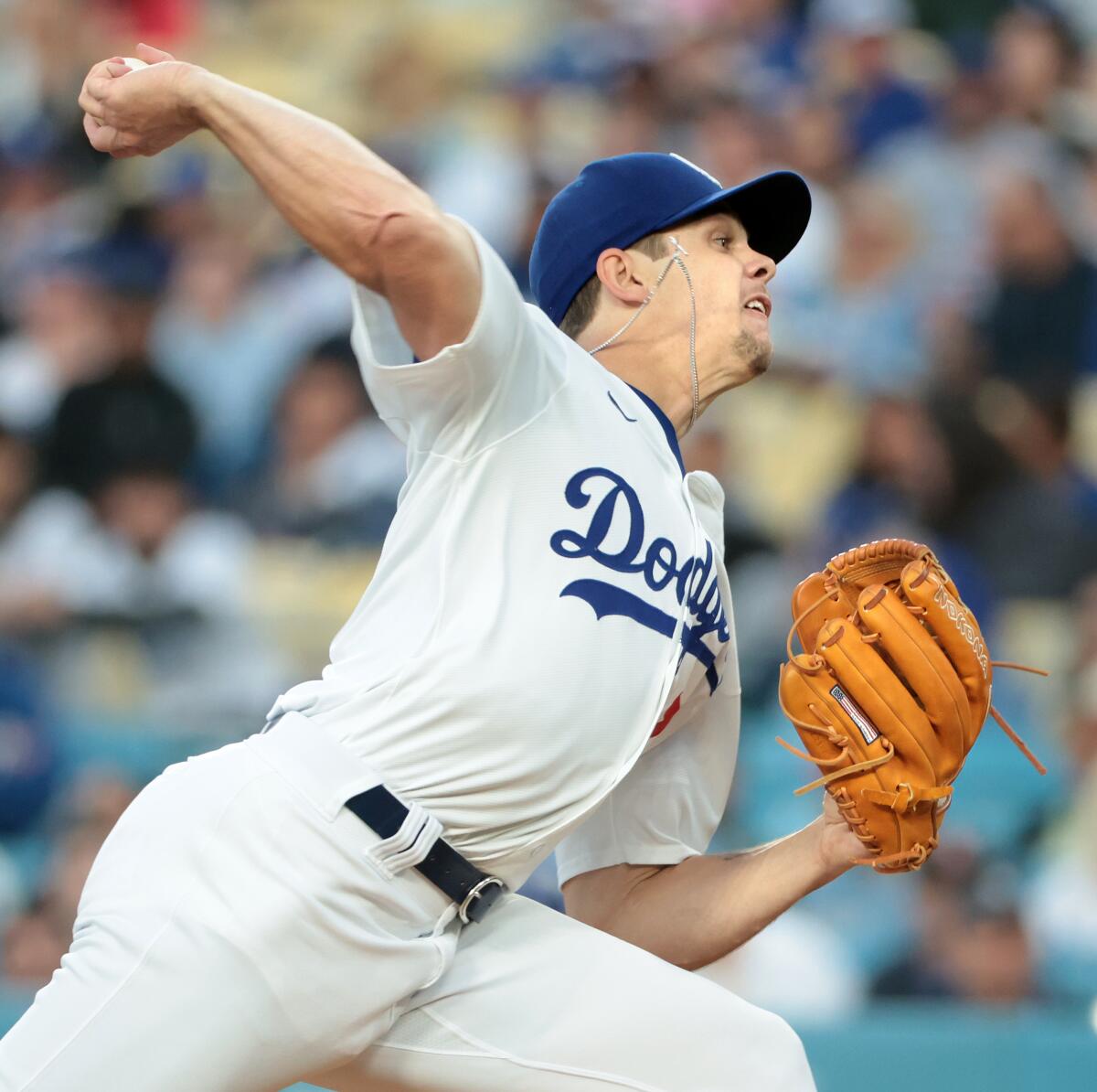 Dodgers pitcher Gavin Stone delivers against the Braves in the first inning Friday.