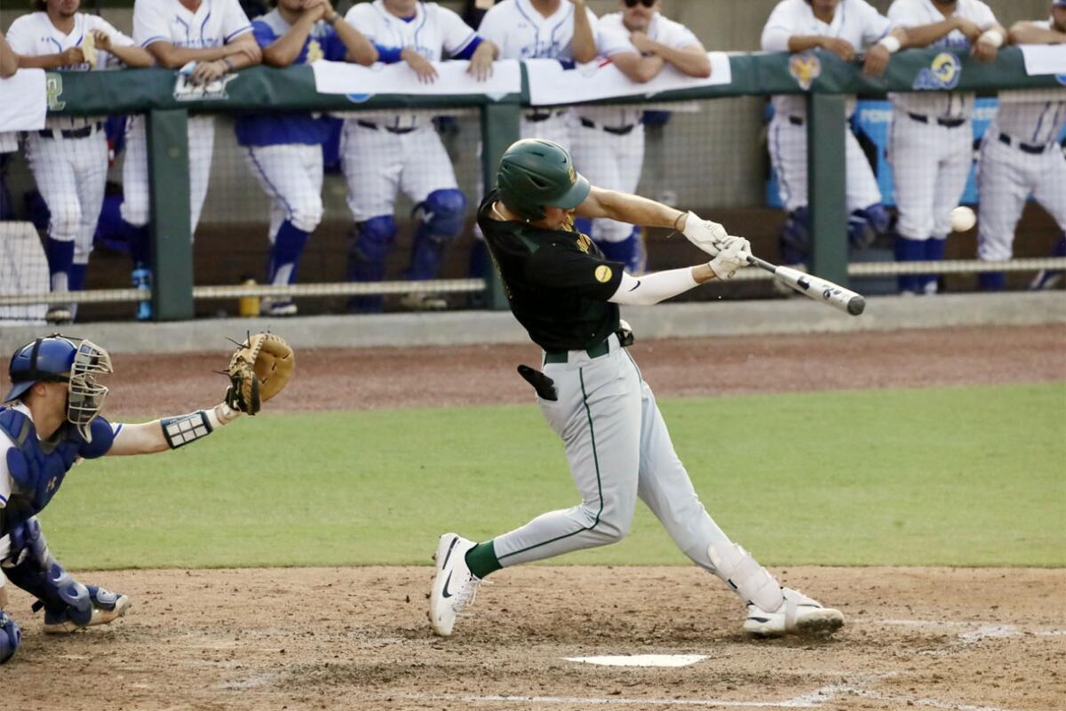 Point Loma Nazarene first baseman Jakob Christian opens fifth inning with PLNU's first homer of championship series.