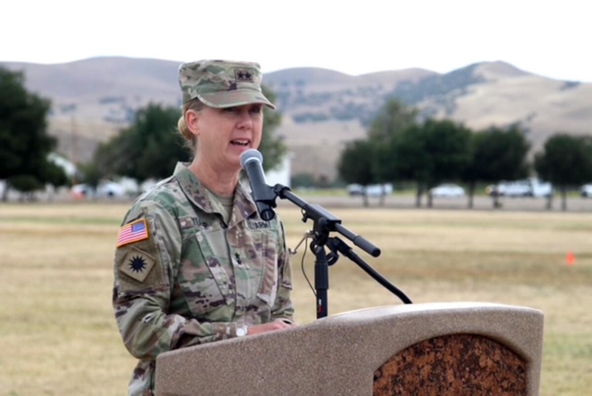 Maj. Gen. Laura Yeager speaks during the 40th Infantry Division's change of command ceremony.