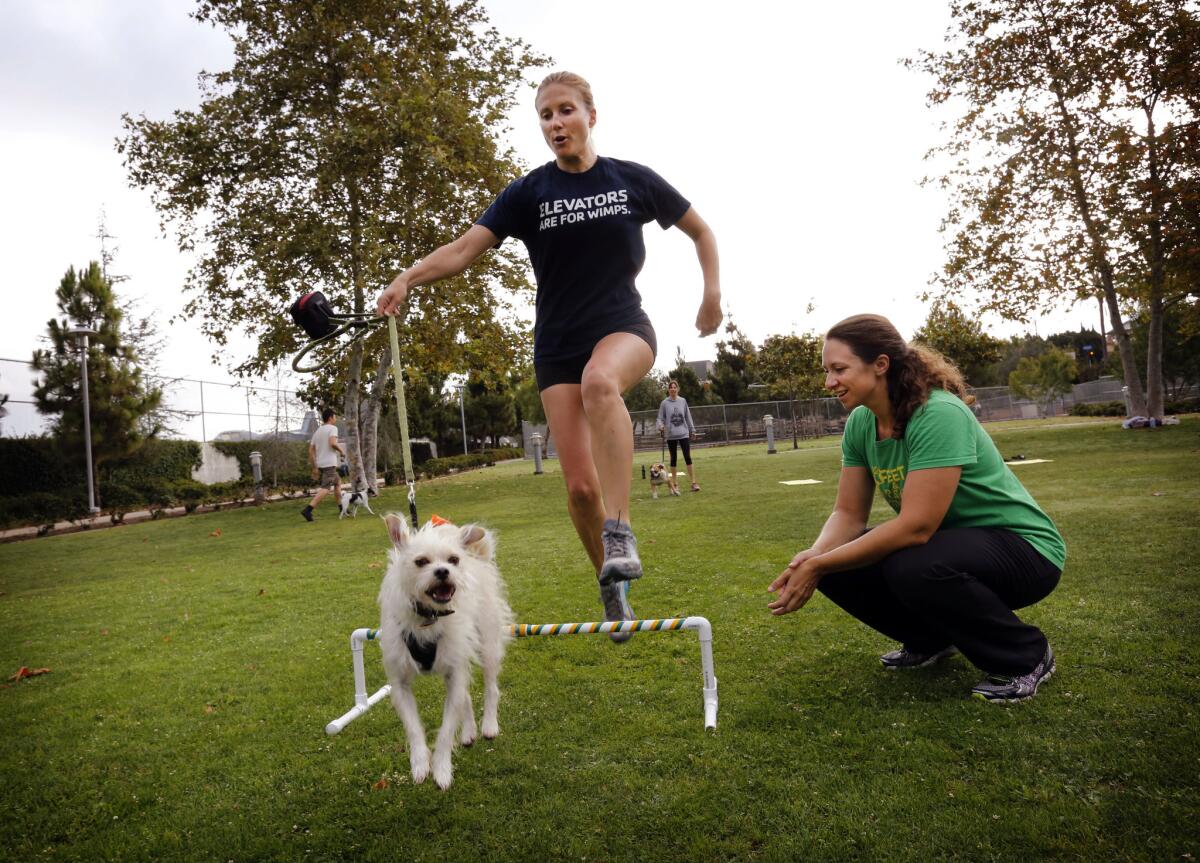 Feet & Paws Fitness instructor Tracy James, right, watches over student Jessica Simon and her pup, Bernie, as they exercise at Santa Monica Airport Park. The class is called New Paws on the Block.