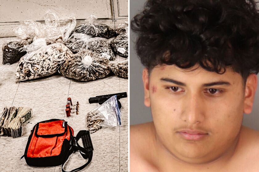 Left: Drugs, cash and a weapon confiscated by Riverside Police during the arrest of 19-year-old Jean Marcos Jimenez