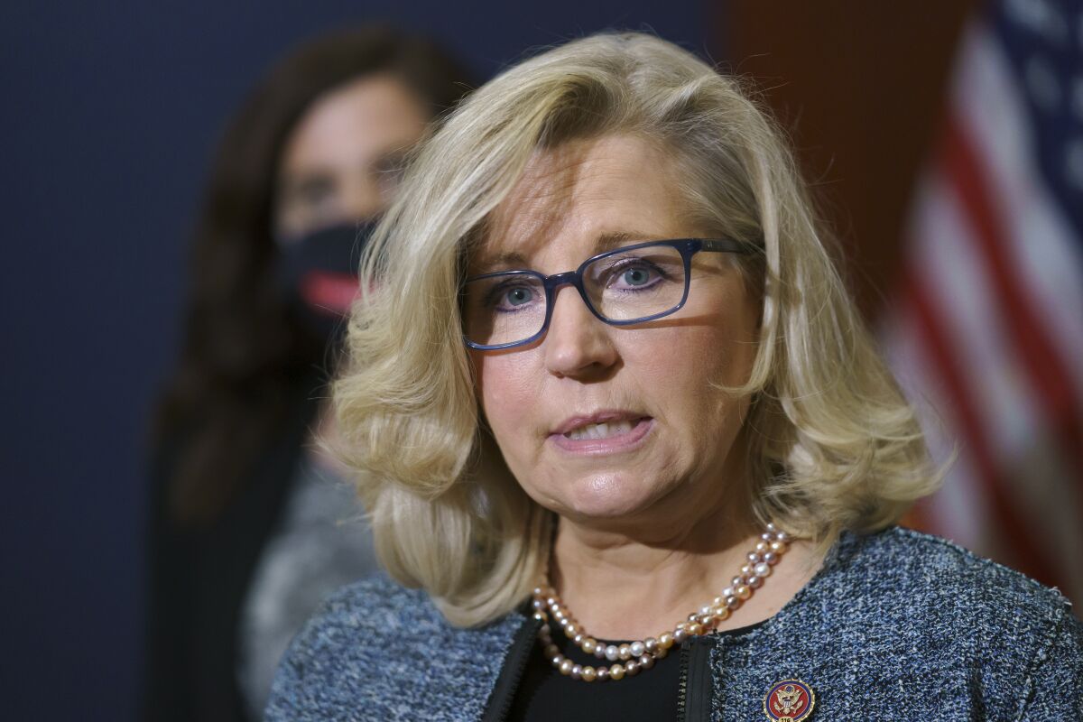 Close-up of Liz Cheney, a U.S. flag in the background. 