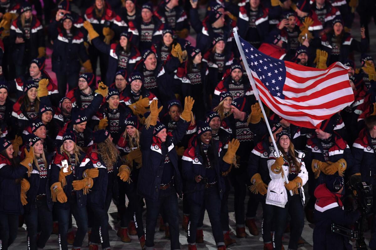 United States flag bearer Erin Hamlin leads her country during the opening ceremony of the 2018 Pyeongchang Winter Games.