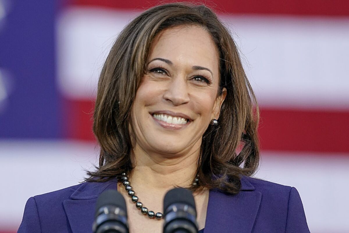 Vice President Kamala Harris seen from the shoulders up in front of a large American flag, smiling