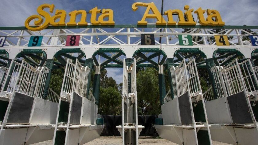 The gates open to start another race at Santa Anita Park.