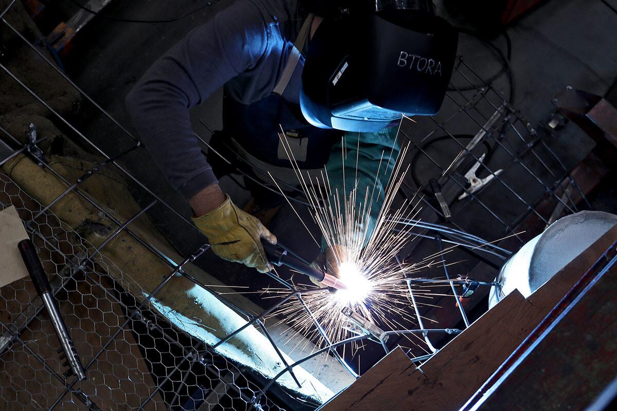 Rick Bauer welds the frame together for the Burbank Tournament of Roses Association 2019 float, at their construction site in Burbank on Wednesday, Nov. 14, 2018.