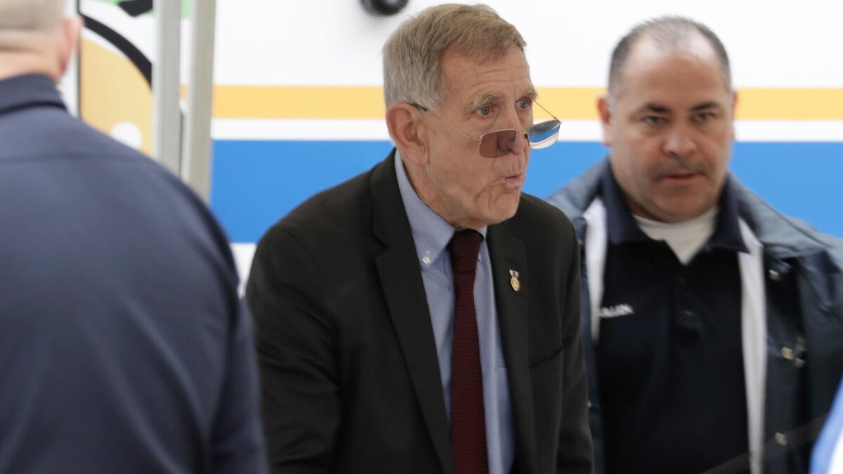 U.S. District Judge David O. Carter in April visits the Orange County Social Services command post outside a homeless encampment at Santa Ana Civic Center.