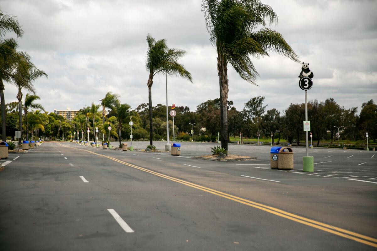The parking lot and entrance to the San Diego Zoo are empty as it's shuttered during the novel coronavirus pandemic on April 17, 2020 in San Diego, California.