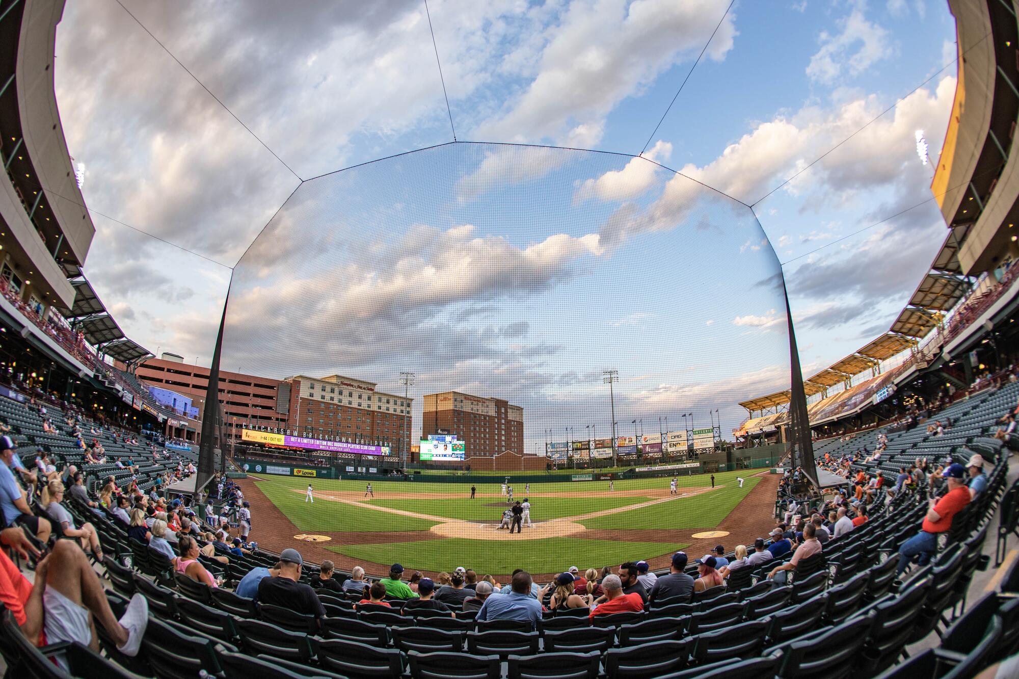 Fans watch the Oklahoma City Dodgers play at Chickasaw Bricktown Ballpark in downtown Oklahoma City.