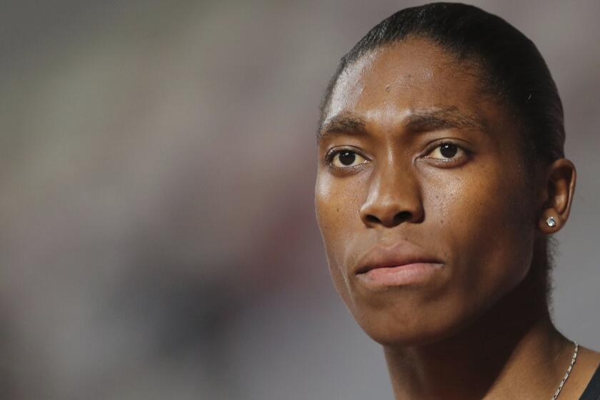 South Africa's Caster Semenya competes in the women's 800-meter final during the Diamond League in Doha, Qatar, Friday, May 3, 2019. (AP Photo/Kamran Jebreili)