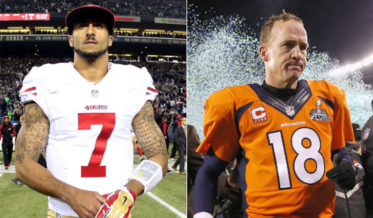 The seasons of San Francisco quarterback Colin Kaepernick, left, and Denver QB Peyton Manning ended with tough losses to Seattle.
