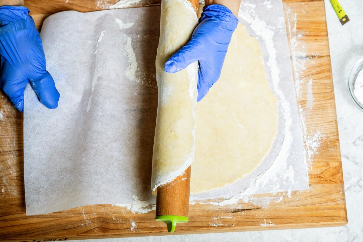 Rolled dough for the crust to make an Abundant Chicken Potpie photographed in the LAT Test Kitchen