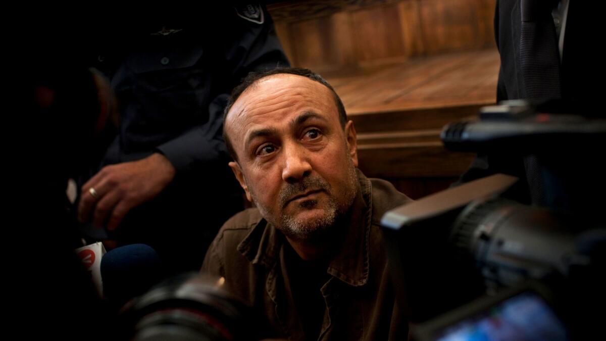 A Jan. 25, 2012, file photo of jailed Palestinian leader Marwan Barghouti, shown in a Jerusalem court.