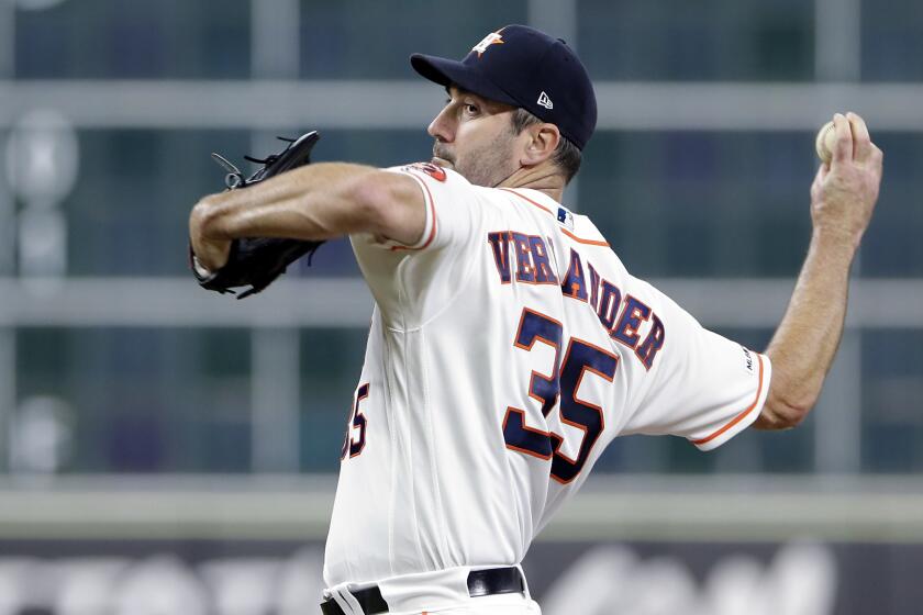 Houston Astros starting pitcher Justin Verlander (35) throws against the Oakland Athletics during a baseball game Thursday, Sept. 12, 2019, in Houston. (AP Photo/Michael Wyke)