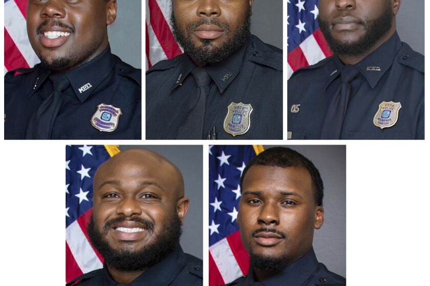 This combo of images provided by the Memphis Police Department shows officers (clockwise from top left) Tadarrius Bean, Demetrius Haley, Emmitt Martin III, Justin Smith, and Desmond Mills, Jr. The five former Memphis police officers have been charged with second-degree murder and other crimes in the arrest and death of Tyre Nichols, a Black motorist who died three days after a confrontation with the officers during a traffic stop, records showed Thursday, Jan. 26, 2023. (Memphis Police Department via AP)