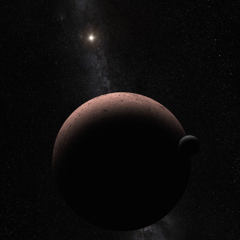 An artist's conception of the dwarf planet Makemake and its newly discovered moon.