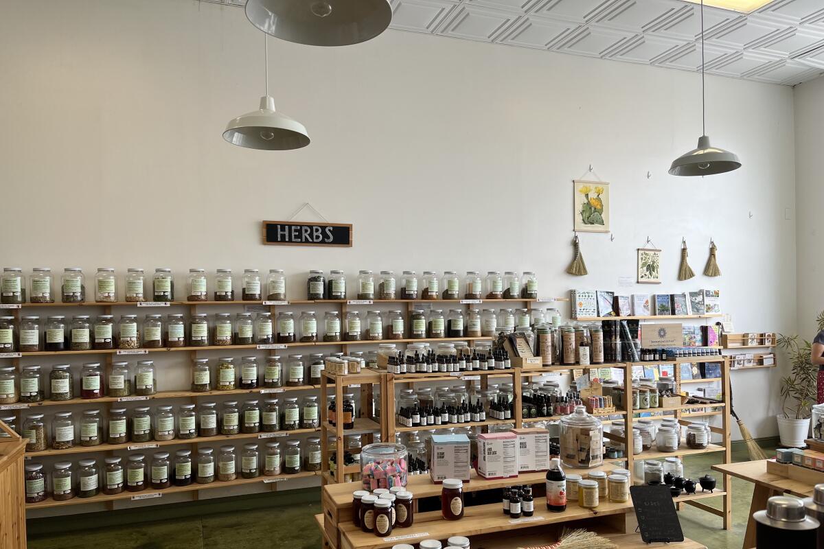 Jars line the wall in the Wild Terra store and contain a wide variety of hard-to-find medicinal herbs.
