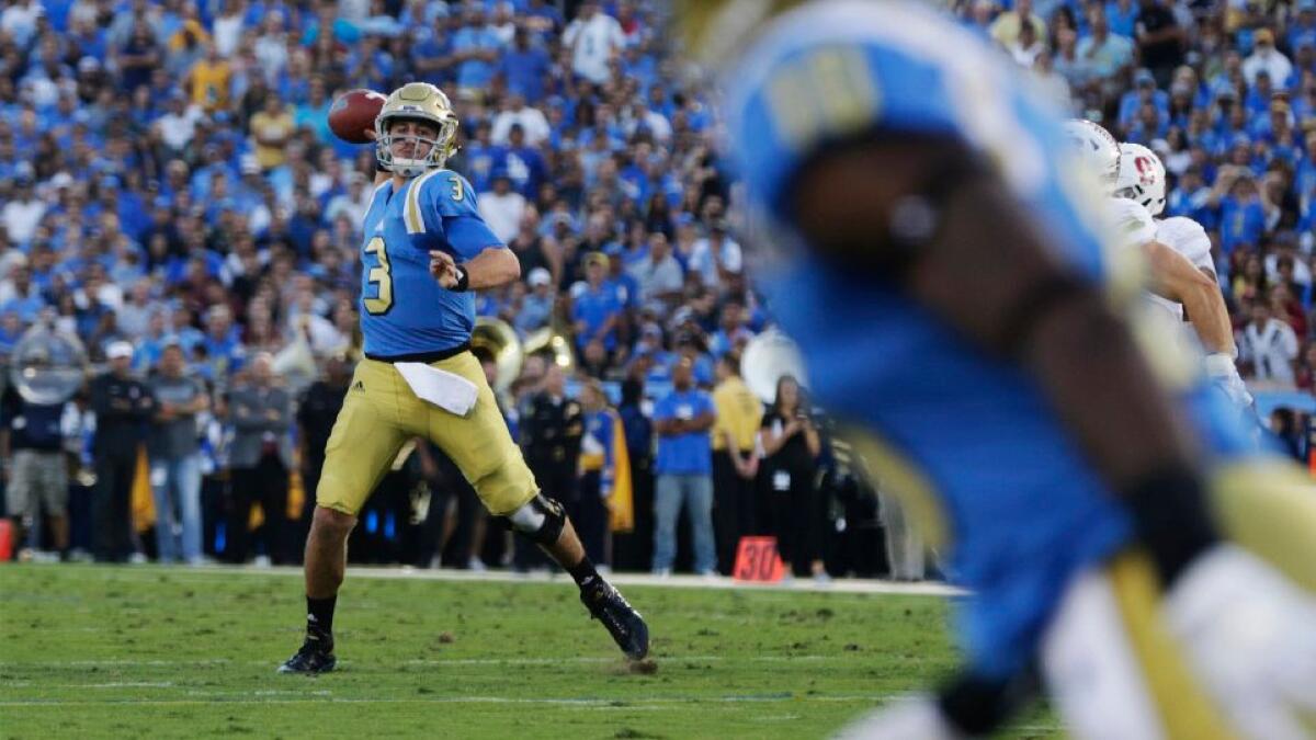 UCLA quarterback Josh Rosen looks to pass against Stanford during the first half of the Bruins' 22-13 loss to the Cardinal on Sept. 24.